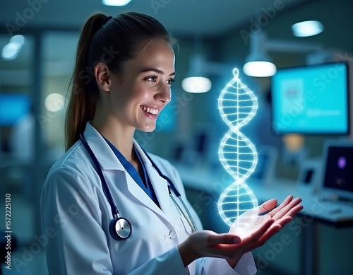 female doctor presenting glowing DNA strand : a smiling female doctor holds a glowing dna helix hologram in her hands, symbolizing genetic research and medical innovation
