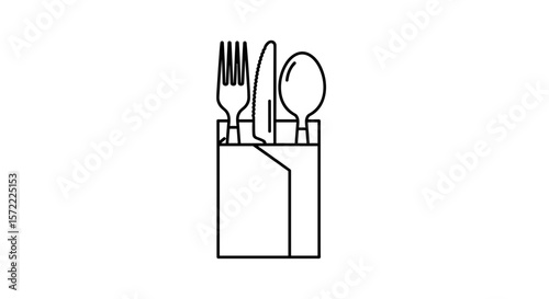Fork knife and spoon in napkin black and white line art