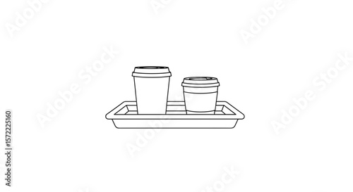 Two takeaway coffee cups on tray black and white line art