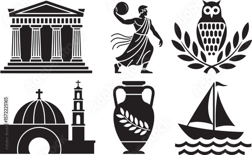Ancient Greek elements vector with temple discus thrower owl amphora ship and church