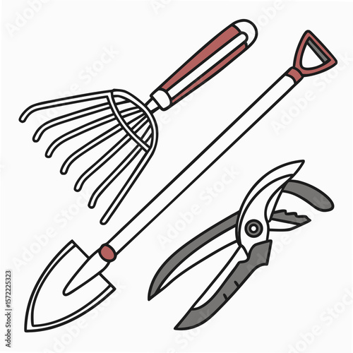 Gardening tools rake shovel pruning shears vector