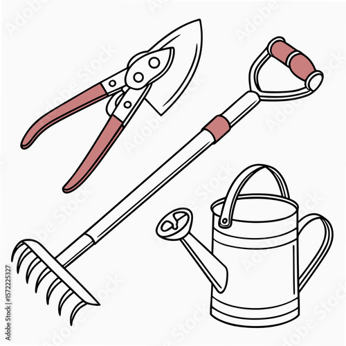Gardening tools rake watering can pruners trowel vector