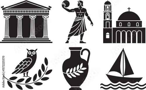 Greek cultural heritage icons with historic temple church discus vase owl and boat symbols