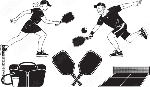 Man and woman pickleball players with paddles court ball and bag sports vector
