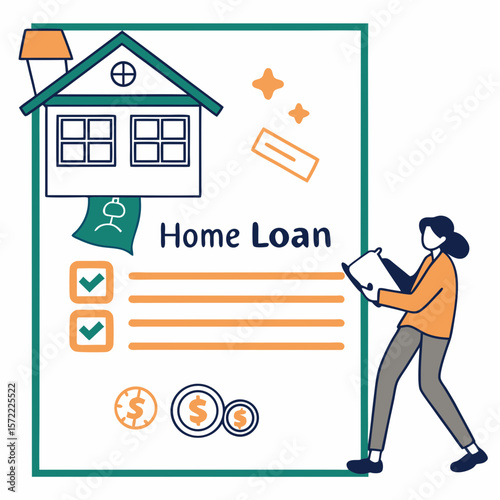 Person reviewing home loan document with house and money mortgage finance