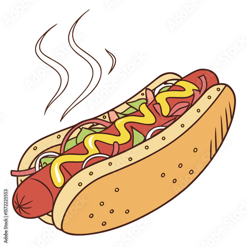 Delicious hot dog with mustard onions and relish sausage