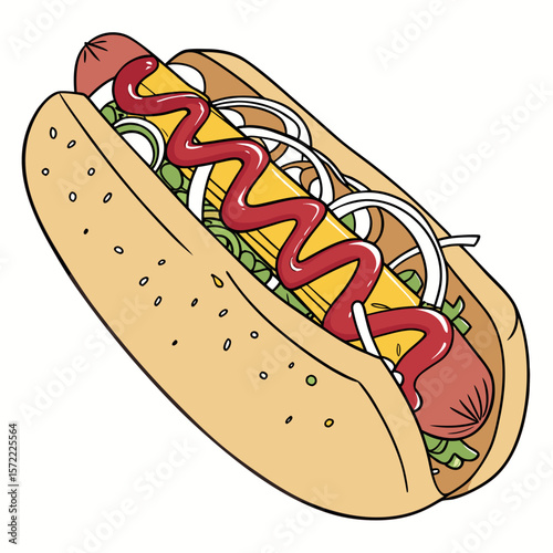 Delicious hotdog with ketchup mustard onions and lettuce sausage