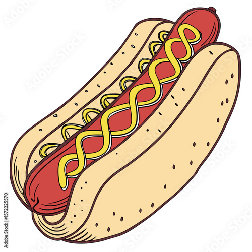 Red hot dog with yellow mustard in bun sausage