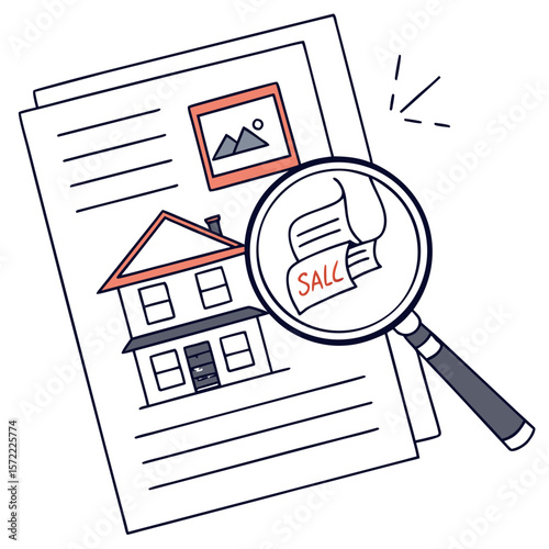 House listing with magnifying glass finding sale document search