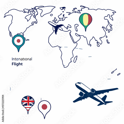 World map with international flight routes and flags international flights airplane