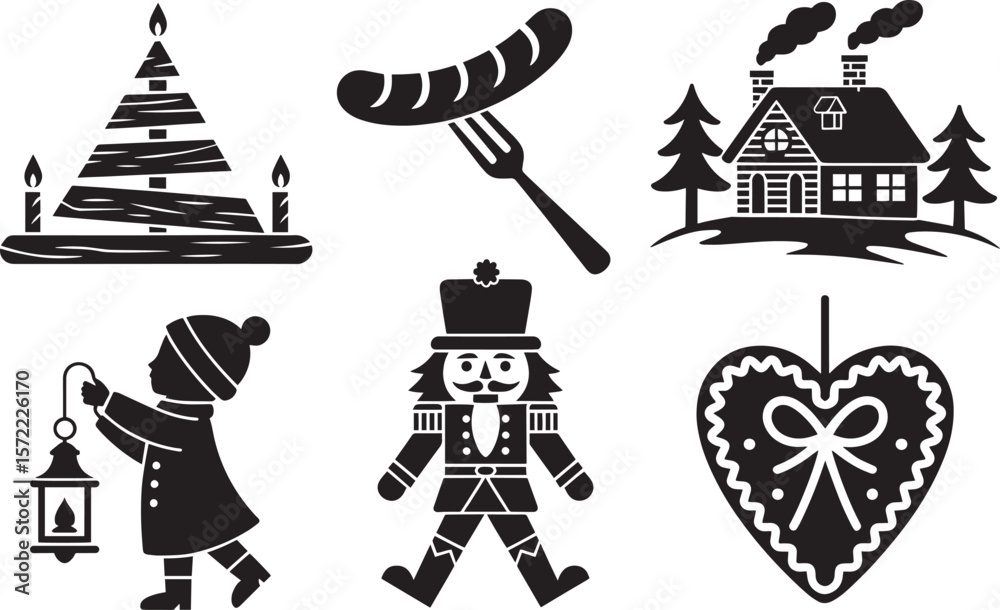 Naklejka premium Winter holiday icons with nutcracker sausage cabin candle cookie and child lantern walk