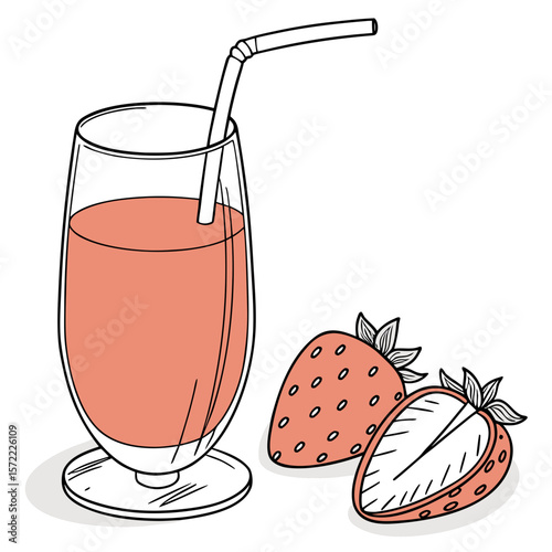Strawberry juice glass with whole and sliced strawberries whole strawberry sliced strawberry
