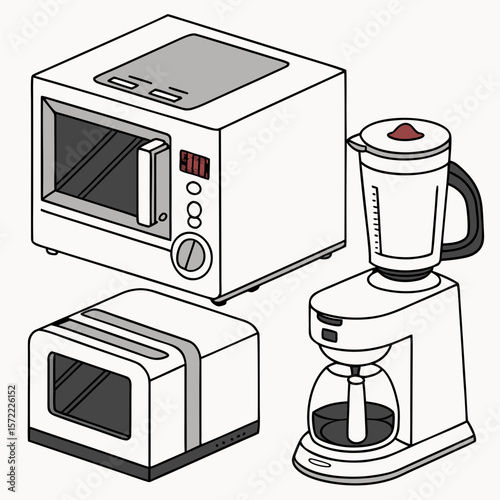 White kitchen appliances including microwave toaster and coffee maker vector