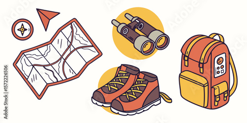 Hiking adventure gear including backpack boots binoculars map and compass isolated on white background