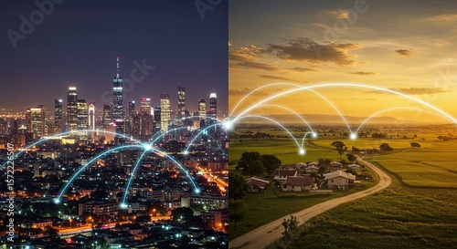 Connected city and rural landscape with networking and communication lines