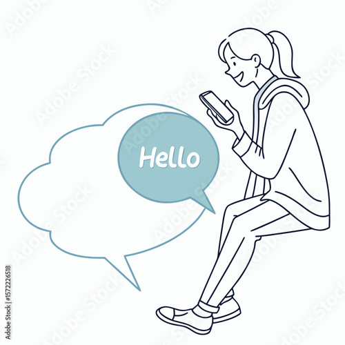 Young woman with ponytail using smartphone sending greeting message mobile phone
