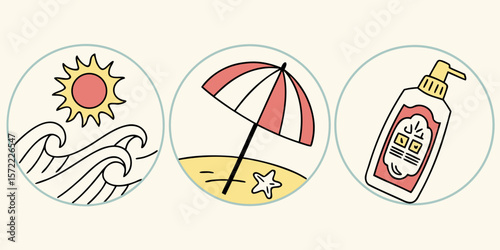 Summer beach vacation icons with sun waves umbrella and sunscreen isolated on white background