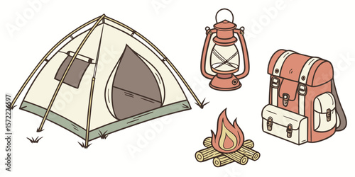 Camping gear including a tent lantern backpack and campfire isolated on white background