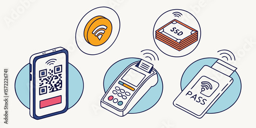 Digital payment methods including qr code phone card reader and contactless pass isolated on white background