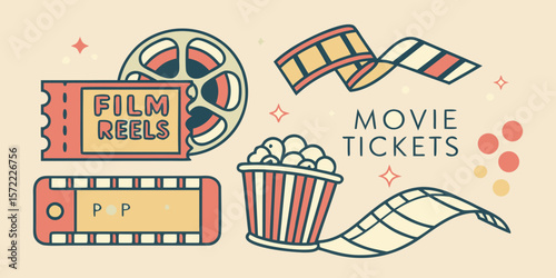 Retro movie elements like film reels popcorn and tickets isolated on white background