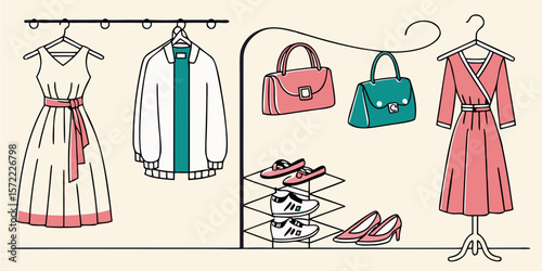Fashionable clothing and accessories displayed on racks and hangers isolated on white background
