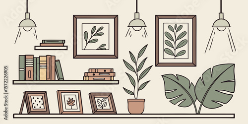 Cozy home decor with bookshelves plants and framed art isolated on white background