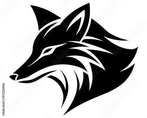 Sleek black fox head silhouette with abstract stylized mane