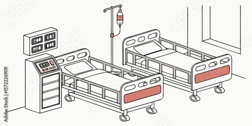 Hospital room with two beds and medical equipment isolated on white background