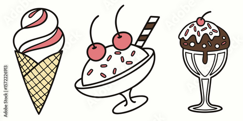 Three delicious ice cream desserts in a cone and cups isolated on white background
