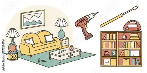 Cozy living room scene with furniture and tools isolated on white background