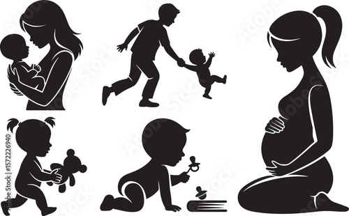 Family parenting icons with pregnant mom baby crawling child running and father playing