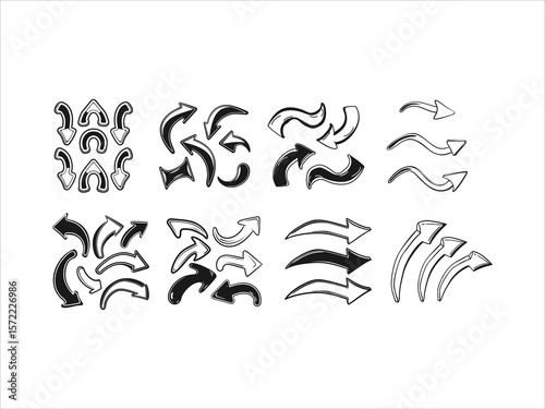 Hand draw style curve arrow set vector