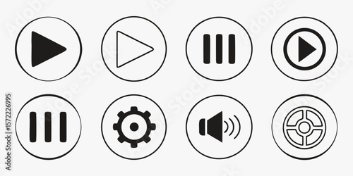 Collection of media player icons including play pause settings and volume isolated on white background