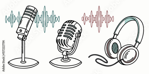 Two retro microphones and headphones with sound waves isolated on white background