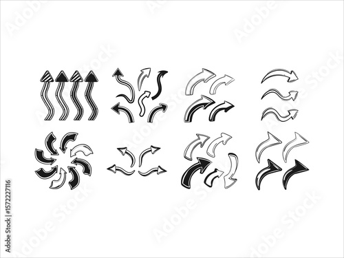 Hand draw style curve arrow set vector