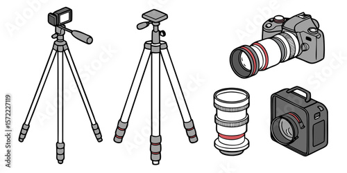 Collection of photography equipment including cameras and tripods isolated on white background