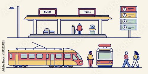 Public transportation hub with trains and buses and waiting passengers isolated on white background