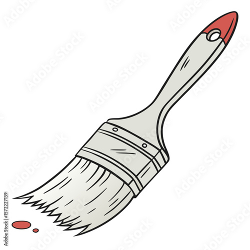 Paintbrush with red accents and red paint splatters tool bristles