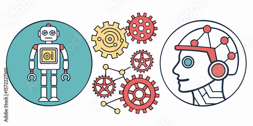 Retro robot and ai head with gears symbolizing technology and innovation isolated on white background