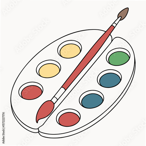 Colorful paint palette with brush art supplies yellow
