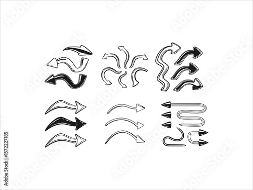 Hand draw style curve arrow set vector