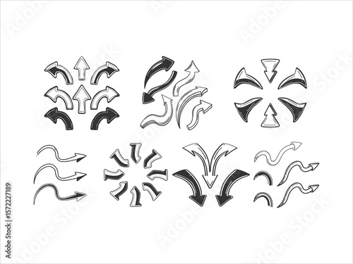 Hand draw style curve arrow set vector