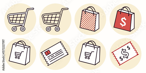Collection of shopping icons including carts bags and receipts isolated on white background