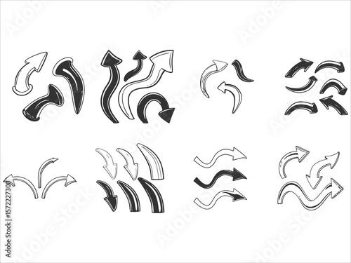Hand draw style curve arrow set vector