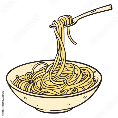 Yellow pasta twirled on a fork above a bowl noodles
