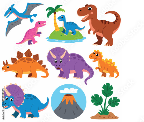 Cute cartoon dinosaurs vector illustration for kids dinosaur t rex triceratops pterodactyl 100