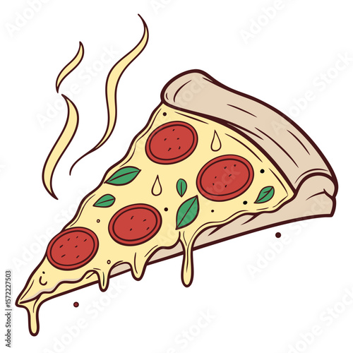 Delicious pepperoni pizza slice with melting cheese and basil melted