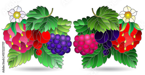 Set of stained glass illustrations with compositions of berries and leaves, isolated on a white background