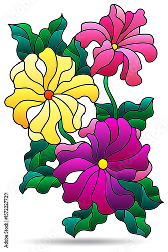 An illustration in the style of stained glass with composition of petunia flowers, flowers isolated on a white background