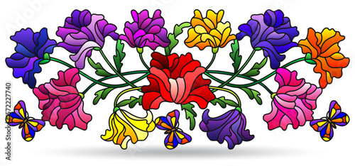 A stained glass illustration with composition of poppies and butterflies, isolated on a white background